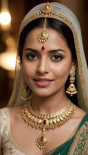 Woman, (ethnicity, South Asian, age:1.1), close-up portrait, wearing traditional Indian jewelry, (detailed clothing:1.2), (accessories:1.2), . Intricate gold and white beaded necklace and headpiece, (detailed jewelry:1.3), earrings, and bindi., (detailed makeup:1.2), (facial features:1.3), (expression:1.1), smiling, slightly looking off to her right, (body type:1.1), upper body, from the shoulders up, (pose:1.1), black colored sari partially visible, (skin texture:1.2), water droplet on skin, warm lighting, photorealistic, high detail, closeup perspective, traditional Indian bridal style, detailed intricate designs of the jewelry, (eye detail:1.3), (mouth detail:1.1), shallow depth of field.