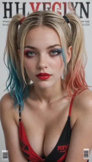 beatyfull blonde woman, big boobs, scarcely dressed as harley quinn, nsfw, on a magazine cover, English text "STUPID WHORE" on cover of magazine, See, "Trigger, List", harleyquinn