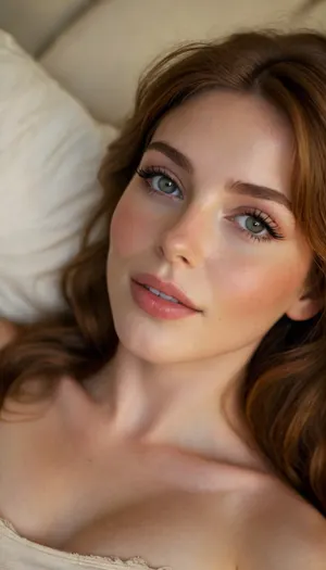 ziprealism, (intimate private snapshot esthetic), (sensual charming woman, intimate seduction, soft sweet smile, sensual pose, bright loving gaze:1.4), (f/2.8, shallow depth of field, Dutch Anglea:1.2), (focus on eyes, perfect eyes:1.2), (subtle bokeh:.4), (vibrant auburn hair with warm highlights:1.2), (soft breasts, pale breasts:1.4), (large expressive eyes, perfect eyes, defined jawline, full sensual lips, moist lips, pale skin, soft blush), (cozy bedroom, warm romantic lighting), (lying on back, on back:1.6), igbaddie, <lora:igbaddie-XL:.4>, <lora:style_lora_realis:.8>