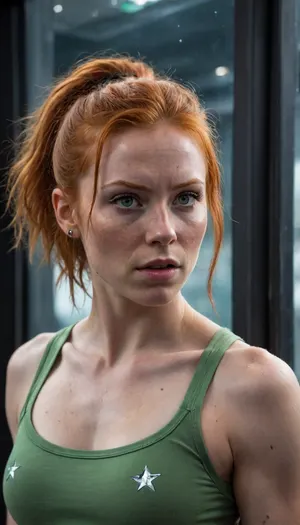 woman, female, 25 years old, long ginger hair, messy hairstyle, green eyes, freckles, uggly, angry, (muscular:1.4), pokies, small muscular breasts, eye contact, cyber punk, in space, dark starship, uggly window, stars, high detailed, close to face, portrait, nose ring, nose piercing, septum ring, metal bodysuit, From below