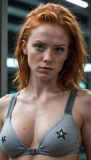 woman, female, 25 years old, long ginger hair, messy hairstyle, green eyes, freckles, uggly, angry, (muscular:1.4), pokies, small muscular breasts, eye contact, cyber punk, in space, dark starship, uggly window, stars, high detailed, close to face, portrait, nose ring, nose piercing, septum ring, metal bodysuit, From below
