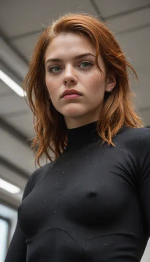 woman, female, 25 years old, long ginger hair, messy hairstyle, green eyes, freckles, uggly, angry, (muscular:1.4), pokies, small muscular breasts, eye contact, cyber punk, in space, dark starship, uggly window, stars, high detailed, close to face, portrait, nose ring, nose piercing, septum ring, carbon bodysuit, From below