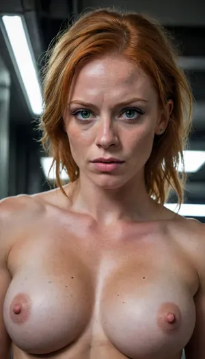 female, 25 years old, long ginger hair, messy hairstyle, green eyes, freckles, extremely beautiful, angry, (muscular:1.4), small muscular breasts, (chiseled pecs:1.5), eye contact, cyber punk, in space, dark starship, uggly window, high detailed, close to face, portrait, nose ring, nose piercing, septum ring, fully dressed in carbon combat gear, From below