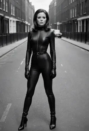 Emma Peel from The Avengers TV show, black skintight catsuit, gloves, zippers, walking through a 1960s London street, b&w grainy photo, perfecteyes, perfect, eyes, skin, detailed, full body view, Emma01, <lora:lora-sdxl-perfect-eyes:.5>, <lora:polyhedron_all_sdxl-000004:.8>, <lora:Emma01-2-XL:1>