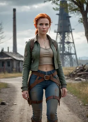 A full body view of an elf hybrid survivor girl walking through Fallout style wasteland, red hair in braids with a bun, freckles across pale cheeks, green eyes, pointed ears, feminine detailed face, survival outfit with light flowing fabrics and patched jacket, belts with pouches, rugged pants, reinforced boots, glowing runes painted on fabric, carrying energy bow glowing blue, cracked asphalt road with weeds, rusted vehicle shell, leaning metal poles with loose cables, ruined farm house in distance, tall rusted tower behind, dry twisted trees, pale orange radioactive haze in sky, cinematic lighting, ultra detailed, hyper realistic, 8k, photoreal, HDR, sharp focus, masterpiece, realistic textures, concept art
