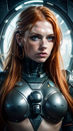 woman, female, 25 years old, long ginger hair, messy hairstyle, green eyes, freckles, uggly, angry, muscular, pokies, extrem deep cleavage, eye contact, cyber punk, in space, dark starship, uggly window, stars, high detailed, close to face, portrait, nose ring, nose piercing