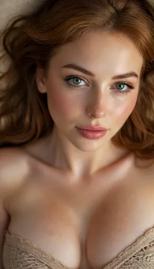 ziprealism, (intimate private snapshot esthetic), (sensual charming woman, intimate seduction, soft sweet smile, sensual pose:1.4), (f/2.8, shallow depth of field, Dutch Anglea:1.2), (focus on eyes, perfect eyes:1.2), (subtle bokeh:.4), (vibrant auburn hair with warm highlights:1.2), (huge teardrop breasts, soft breasts, pale breasts:1.4), (large expressive eyes, perfect eyes, defined jawline, full sensual lips, moist lips, pale skin, soft blush), (cozy bedroom, warm romantic lighting), (lying on back, on back:1.6), igbaddie, <lora:igbaddie-XL:.4>, <lora:style_lora_realis:.8>
