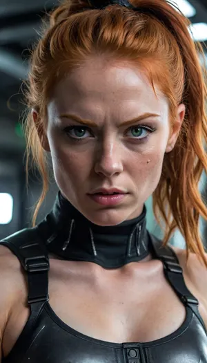female, 25 years old, long ginger hair, messy hairstyle, green eyes, freckles, extremely beautiful, angry, (muscular:1.4), small muscular breasts, (chiseled pecs:1.1), eye contact, cyber punk, in space, dark starship, uggly window, high detailed, close to face, portrait, nose ring, nose piercing, septum ring, fully dressed in carbon combat gear with sharp metal spikes, From below