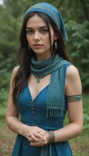 long black hair, blue eyes, blue dress, long hair, black hair, celtic armband, armband, celtic designs, blue shawl, blue scarf, celtic jewelry, celtic blue scarf, celtic blue dress, celtic scarf, blue lace veil, celtic veil, celtic head scarf, blue head scarf