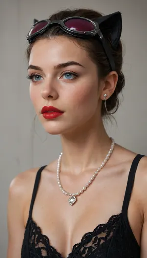 Catwoman from DC Comic, one lock of hair in the face, red lips, Pearl necklace, lace, ear jewels