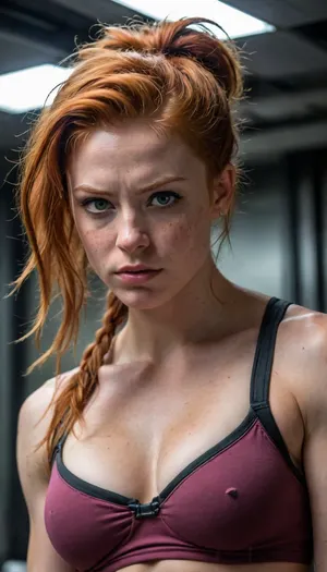 female, 25 years old, long ginger hair, messy hairstyle, green eyes, freckles, extremely beautiful, angry, (muscular:1.4), small muscular breasts, (chiseled pecs:1.1), eye contact, cyber punk, in space, dark starship, uggly window, high detailed, close to face, portrait, nose ring, nose piercing, septum ring, fully dressed in carbon combat gear with sharp metal spikes, From below