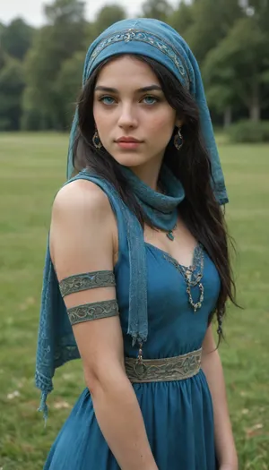 long black hair, blue eyes, blue dress, long hair, black hair, celtic armband, armband, celtic designs, blue shawl, blue scarf, celtic jewelry, celtic blue scarf, celtic blue dress, celtic scarf, blue lace veil, celtic veil, celtic head scarf, blue head scarf