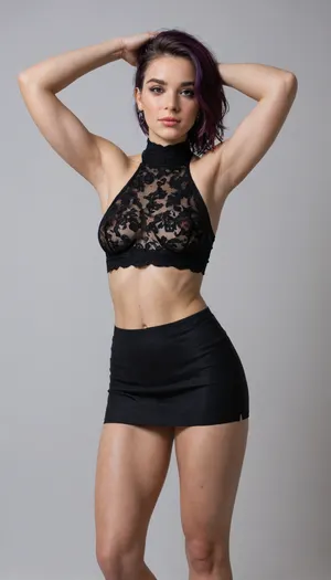 ultrarealistic photography, full body shot, 1girl, front view, 40 years old mature woman, slim figure, wide hips, small saggy natural breasts, visible erect nipples, deep violet bodycon skirt, thigh-high slit, black lace bralette top, stiletto pumps, seductive pose, arched back, hands above head, weight shift to one leg, sharp asymmetrical jet black bob ending at jawline, undercut on right side, glossy hair, flawless complexion, high cheekbones, defined jawline, sultry makeup, sharp winged eyeliner, glossy berry lips, perfectly groomed eyebrows, realistic skin texture, subtle crow's feet, soft nasolabial folds, stretch marks on hips, detailed anatomy, soft studio lighting, sharp focus, 8k resolution, no artifacts, perfect facial symmetry
