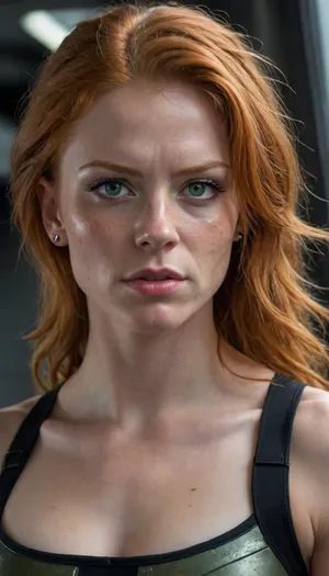 female, 25 years old, long ginger hair, messy hairstyle, green eyes, freckles, extremely beautiful, angry, (muscular:1.4), small muscular breasts, (chiseled pecs:1.1), eye contact, cyber punk, in space, dark starship, uggly window, high detailed, close to face, portrait, nose ring, nose piercing, septum ring, fully dressed in carbon combat gear, From below, cybrk, <lora:cybrk-knight:.8>