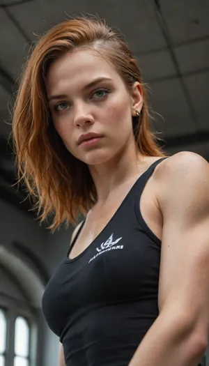 female, 25 years old, long ginger hair, messy hairstyle, green eyes, freckles, extremely beautiful, angry, (muscular:1.4), small muscular breasts, (chiseled pecs:1.1), eye contact, cyber punk, in space, dark starship, uggly window, high detailed, close to face, portrait, nose ring, nose piercing, septum ring, fully dressed in carbon combat gear, From below, cybrk, <lora:cybrk-knight:.8>