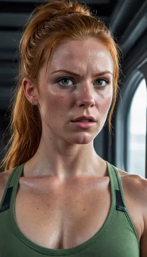 female, 25 years old, long ginger hair, messy hairstyle, green eyes, freckles, extremely beautiful, angry, (muscular:1.4), small muscular breasts, (chiseled pecs:1.1), eye contact, cyber punk, in space, dark starship, uggly window, high detailed, close to face, portrait, nose ring, nose piercing, (nose ring:1), fully dressed in carbon combat gear, From below, <lora:Sweaty_Realism_4-000006:.8>