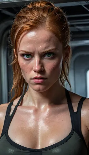 female, 25 years old, long ginger hair, messy hairstyle, green eyes, freckles, extremely beautiful, angry, (muscular:1.4), small muscular breasts, (chiseled pecs:1.1), eye contact, cyber punk, in space, dark starship, uggly window, high detailed, close to face, portrait, nose ring, nose piercing, septum ring, fully dressed in carbon combat gear, From below, <lora:Sweaty_Realism_4-000006:.8>, is, a, damaged, terminator, with, half, the, face, <lora:DamagedTerminatorbyMakeThemComeAliveAIArt:.8>