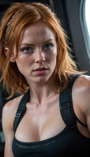female, 25 years old, long ginger hair, messy hairstyle, green eyes, freckles, extremely beautiful, angry, (muscular:1.4), small muscular breasts, (chiseled pecs:1.1), eye contact, cyber punk, in space, dark starship, uggly window, high detailed, close to face, portrait, nose ring, nose piercing, septum ring, fully dressed in carbon combat gear, From below