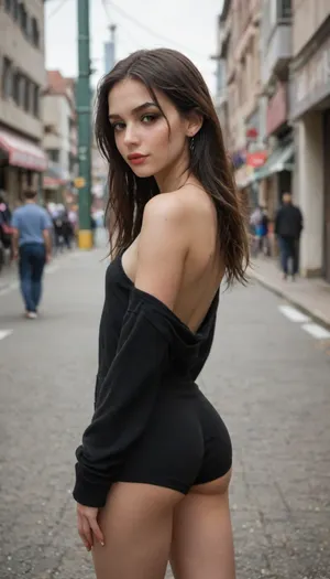 Thin woman, 19 years old, dark skin, black hair, long hair, vulgar makeup, dark makeup, black and red lips, black eyeliner, small earrings, neat nose, brown eyes, neat eyebrows, cute face, small breasts, small butt, short oversized black sweater with sleeves, tight shorts, black shorts, slim body, athletic build, city photo, building in the background, people in the background, city selfie pose, sexy pose, posing with her butt, rear view, alt, fashion, <lora:alt_fashion_v2:2>