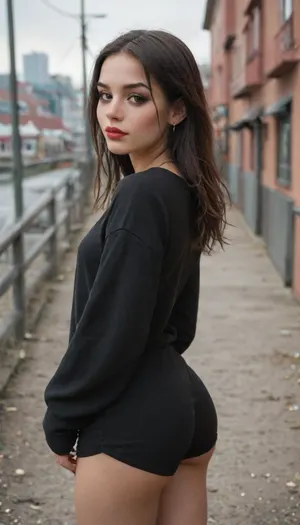 Thin woman, 19 years old, dark skin, black hair, long hair, vulgar makeup, dark makeup, black and red lips, black eyeliner, small earrings, neat nose, brown eyes, neat eyebrows, cute face, small breasts, small butt, short oversized black sweater with sleeves, tight shorts, black shorts, slim body, athletic build, city photo, building in the background, people in the background, city selfie pose, sexy pose, posing with her butt, rear view, alt, fashion, <lora:alt_fashion_v2:2>