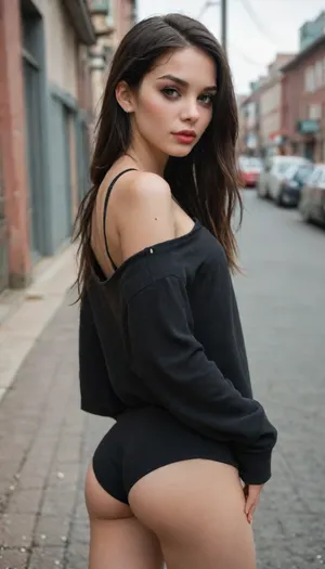 Thin woman, 19 years old, dark skin, black hair, long hair, vulgar makeup, dark makeup, black and red lips, black eyeliner, small earrings, neat nose, brown eyes, neat eyebrows, cute face, small breasts, small butt, short oversized black sweater with sleeves, tight shorts, black shorts, slim body, athletic build, city photo, building in the background, people in the background, city selfie pose, sexy pose, posing with her butt, rear view, alt, fashion, <lora:alt_fashion_v2:2>