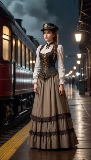 steampunk style railroad station, train arriving, steam locomotive first, late night, rainy windy whether, meet-and-greet girl in victorian dress standing around