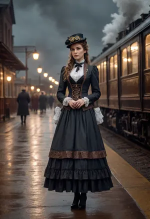 steampunk style railroad station, train arriving, steam locomotive first, late night, rainy windy whether, meet-and-greet girl in victorian dress standing around