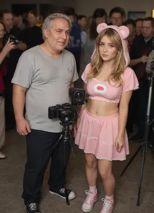(18 year old boy jerking off an older fat man), (other people watching), (lots of fat old men watching), boy crying, sobbing, boy worried, boy looking on in fear and annoyance, (boy is Luna Lovegood cosplay with short blonde hair), (guy in pink teddy bear top inspired by her unique and quirky style from the Harry Potter film series), (top should be soft pink with a teddy bear face on the hood with bear ears. Pair it with a light gray A-line skirt with barely there pleats or lace trim), boy in Mary Jane style sneakers, (camera on tripod in foreground pointed at boy), (1 camera), (set in a tacky love hotel with plush), (boy has a small penis visible, penis erect and wank)