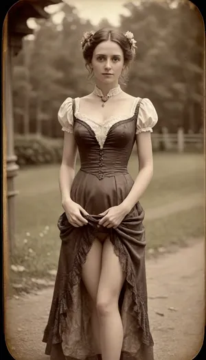 (attractive woman:1.3), (35 years old:1.6), (long dress:1.1), pretty victorian lady, (panties down:1.3), outdoor, ((19th century vintage Victorian photography:1.5), tintype, dry plate, grainy, real, (facing camera:1.2)), (skirtlift:.03), J.C., Leyendecker, Style, page, <lora:skirtlift_xl:.03>, <lora:J.C. Leyendecker Style:.5>