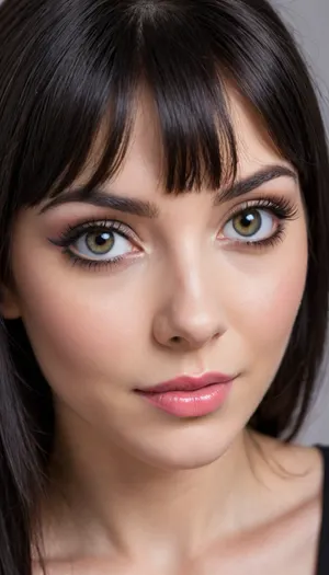 ziprealism, (sharp focus, focus on, eyes perfect eyes), (adoring girlfriend, sense of playfulness, intimate esthetic, mischievous eyes, charismatic), (flawless skin, pale alabaster skin, soft blush), (glossy black hair, very long hair, bangs hair cut, hair framing face, stray hair:1.4), (round face, heartshaped face, soft face, large doe eyes, subtle makeup, defined cheekbones, long eyelashes, glittering eyes, adorable dimples:1.5), (pale breasts:1.2), minimalist composition, textured dark charcoal grey studio background, shallow depth of field, bokeh background, professional color grading, RAW photo quality, striking visual contrast