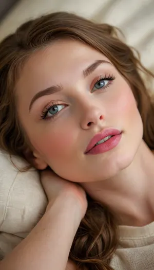 ziprealism, (intimate private moment esthetic), (enchanting charming woman, romantic intimacy, soft sweet grin, sensual pose, warm loving gaze:1.6), (f/2.8, shallow depth of field, Dutch Angles, view from above:1.2), (focus on eyes, perfect eyes:1.2), (subtle bokeh:.4), (vibrant auburn hair with coppery highlights, hair lying loose framing face:1.2), (large expressive eyes, perfect eyes, defined jawline, pale skin, soft blush), (cozy bed, warm romantic lighting), (full sensual lips, cupid bow lips:1.6), (lying on back:1.6), <lora:style_lora_realis:.8>