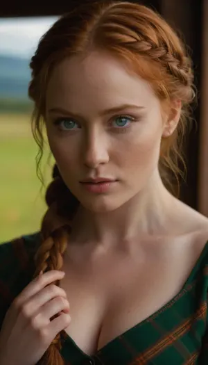 view from a wide distance, gorgeous sexy highland woman, 20 years, ginger hair braid, in a highlander plaid, Beautiful detailed face, (perfect blue eyes:1.1), (perfect skin:1.1), (perfect busty breasts:1.1), (perfect small pink nipples:1.1), (small areolas:1.1), (perfect vagina:1.1), (perfect body:1.1), (perfect hands:1.1), (perfect finger:1.1), (perfect fingernails:1.1), Photorealistic, RAW, analog, best quality, 8k, HD, DSLR, Fujifilm XT3, film grain, award winning, perfect eyes, green, eyes, perfecteyes, <lora:PerfectEyesXL:.8>