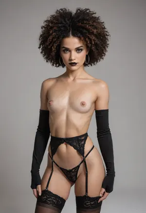 Brutalist high Fashion waist up photo of a 24 year old Malagasy-Chokwe goth girl. Her body is Lean, sculpted back muscles that taper to a slim waist, toned muscles, abs, small breast, flat chest. She has Smooth skin with a natural shine, especially around the cheekbones. The skin pores and texture are clearly visible and in focus. Her Oval with notched edges, Almond-shaped, hazel eyes, framed by long, elegant eyelashes. Her haircut is Textured bob with highlights. Her blackpower afro hair color is red hair. Her eyebrows are Curved arch shaped, complementing her delicate facial features. Her outfit is just a black sobretudo, Garter belt, long gloves, black lipstick, goth makeup, nipples piercing. She poses in She stands with her feet apart, hands around your tits, and gazes confidently into the distance, embodying gothic place.. in the background dark goth club.