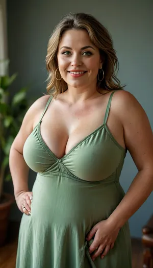 Lubica stepaunt, 3/4 side view, ssbbw gilf, looking at viewer, eye contact, full body portrait photo a, (obese), ssbbw mature 60 year old woman, (wearing a tight light green v-neck sleeveless spaghetti strap long dress), hourglass figure, wide, huge hips, large waist, narrow waist, thick, thighs, saddlebags, round face, chubby cheeks, wrinkles, flushed cheeks, double chin, big eyes, chestnut hair with highlights, medium hair, big smile, mouth open, lips parted, big lips, teeth showing, perfect teeth, joyful smile, (solid blank black background), pokies, hoop earrings, (wrinkles), (drooping saggy conical breasts), sagging, breasts, apart, hard nipples, <lora:MJ52:.8>, green, eyes, blue, perfecteyes, <lora:PerfectEyesXL:.8>