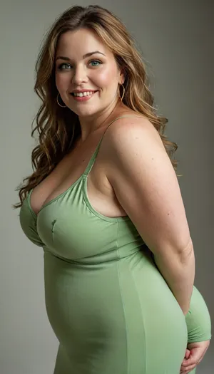Lubica stepaunt, 3/4 side view, ssbbw gilf, leaning forward, looking at viewer, eye contact, full body portrait photo a, (obese), ssbbw mature 60 year old woman, (wearing a tight light green v-neck sleeveless spaghetti strap long dress), hourglass figure, wide, huge hips, plump waist, narrow waist, thick, thighs, saddlebags, round face, chubby cheeks, wrinkles, flushed cheeks, double chin, big eyes, light chestnut hair with highlights, medium hair, big smile, mouth open, lips parted, big lips, teeth showing, perfect teeth, joyful smile, (solid blank black background), pokies, hoop earrings, (wrinkles), (drooping saggy conical breasts), sagging, breasts, apart, hard nipples, <lora:MJ52:.8>, green, eyes, blue, perfecteyes, <lora:PerfectEyesXL:.8>