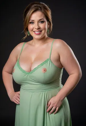 Lubica stepaunt, 3/4 side view, dynamic angle, ssbbw gilf, leaning forward, looking at viewer, eye contact, full body portrait photo a, (obese), ssbbw mature 60 year old woman, (wearing a light green v-neck sleeveless spaghetti strap long dress), hourglass figure, wide, huge hips, plump waist, large waist, thick, thighs, saddlebags, round face, chubby cheeks, wrinkles, flushed cheeks, double chin, big eyes, light chestnut hair with highlights, medium hair, big smile, mouth open, lips parted, big lips, teeth showing, perfect teeth, joyful smile, (solid blank black background), pokies, hoop earrings, (wrinkles), (drooping saggy conical breasts), sagging, breasts, apart, hard nipples, green, eyes, blue, perfecteyes, <lora:PerfectEyesXL:.8>