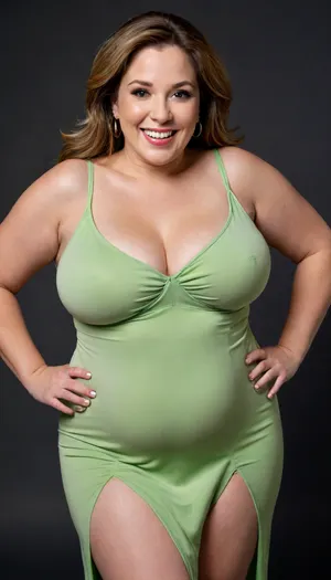Lubica stepaunt, 3/4 side view, ssbbw gilf, leaning forward, looking at viewer, eye contact, full body portrait photo a, (obese), ssbbw mature 60 year old woman, (wearing a tight light green v-neck sleeveless spaghetti strap long dress), hourglass figure, wide, huge hips, plump waist, narrow waist, thick, thighs, saddlebags, round face, chubby cheeks, wrinkles, flushed cheeks, double chin, big eyes, light chestnut hair with highlights, medium hair, big smile, mouth open, lips parted, big lips, teeth showing, perfect teeth, joyful smile, (solid blank black background), hoop earrings, (wrinkles), (drooping saggy conical breasts), sagging, breasts, apart, green, eyes, blue, perfecteyes, <lora:PerfectEyesXL:.8>