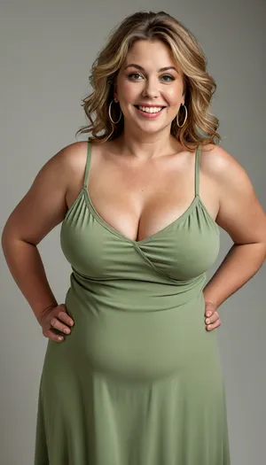 Lubica stepaunt, 3/4 side view, ssbbw gilf, leaning forward, looking at viewer, eye contact, full body portrait photo a, (obese), ssbbw mature 60 year old woman, (wearing a tight light green v-neck sleeveless spaghetti strap maxidress), hourglass figure, wide, huge hips, plump waist, large waist, thick, thighs, saddlebags, round face, chubby cheeks, wrinkles, flushed cheeks, double chin, big eyes, light chestnut hair with highlights, medium hair, big smile, mouth open, lips parted, big lips, teeth showing, perfect teeth, joyful smile, (solid blank black background), hoop earrings, (wrinkles), (small drooping saggy conical breasts), sagging, breasts, apart, <lora:MJ52:.5>