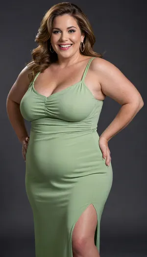 Lubica stepaunt, 3/4 side view, ssbbw gilf, leaning forward, looking at viewer, eye contact, full body portrait photo a, (obese), ssbbw mature 60 year old woman, (wearing a thin tight light green v-neck sleeveless spaghetti strap maxidress), hourglass figure, wide, huge hips, plump waist, large waist, thick, thighs, saddlebags, round face, chubby cheeks, wrinkles, flushed cheeks, double chin, big eyes, light chestnut hair with highlights, medium hair, big smile, mouth open, lips parted, big lips, teeth showing, perfect teeth, joyful smile, (solid blank black background), hoop earrings, (wrinkles), (large drooping saggy conical breasts), sagging, breasts, apart