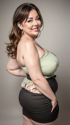 Lubica stepaunt, 3/4 side view, ssbbw gilf, leaning forward, looking at viewer, eye contact, full body portrait photo a, (obese), ssbbw mature 60 year old woman, (wearing a thin tight light green v-neck sleeveless spaghetti strap maxidress), hourglass figure, wide, huge hips, plump waist, large waist, thick, thighs, saddlebags, round face, chubby cheeks, wrinkles, flushed cheeks, double chin, big eyes, chestnut hair with highlights, medium hair, big smile, mouth open, lips parted, big lips, teeth showing, perfect teeth, joyful smile, (solid blank black background), hoop earrings, (wrinkles), (large drooping saggy conical breasts), sagging, breasts, apart
