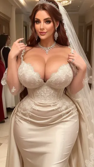 Best quality, masterpiece, high resolution, 8k wallpaper, high quality UHD, high detail 8K, perfect lighting, best shadow, best frame, dark theme.

Dark red thick lush hair, pulled back in a simple braid, a few strands pulled out to frame her wide cheekbones, nose slightly upturned, lips nicely plump.

European MILF, female 30 years old, MILF figure, muscular build, tall toned build, long slender legs.

Huge boobs, huge breasts, big breasts, beautiful breasts, teardrop shaped breasts, large saggy breasts, large dark nipples.

Thick huge ass, round curvy buttocks, toned hips, curvy lower body, thin waist

A wedding dress show is taking place, a wedding dress with a large neckline, a woman in a wedding dress walks down the catwalk, there are many spectators around the catwalk
---

### 💍 **Description of a wedding dress with a large neckline**

A wedding dress with a deep neckline is the embodiment of sensuality, femininity and confidence. This style is suitable for brides who want to emphasize their grace and draw attention to the neck line, shoulders and décolleté area.

---

#### 👗 **Style and silhouette**

* **Corset top**, often rigid or semi-rigid, tightly fits the body, emphasizes the waist.
* **Deep V-neckline or sweetheart neckline**, an accent on the décolleté area, can be open or partially covered with a transparent mesh.
* **Silhouettes**, * **“Mermaid”** — fits the hips, flares from the knees.
* **“Princess” or “A-line”** — emphasized waist, luxurious skirt.
* **Straight dress** — restrained elegance with an emphasis on the upper part.

---

#### ✨ **Materials**

* **Satin, silk, tulle, organza, lace** — are used in combination to achieve the effect of lightness and luxury.
* **Lace inserts or appliques in the neckline** — add elegance and balance openness.

---

#### 👑 **Decor**

* **Crystal stones, beads, pearls** — decorate the neckline, creating a luxurious accent.
* **Embroidery** — handmade on the corset or train.
* **Train or veil**, add drama and solemnity.

---

#### 🌸 **Accessories**

* **Jewelry**, a delicate necklace or earrings with an accent on the neckline.
* **Hair**, gathered in a bun or high ponytail so as not to cover the neckline.
* **Veil**, medium or long length, without unnecessary details so as not to overload the image.

---

A dress with a large neckline is a choice for a bold and elegant bride who wants to look unique and impressive on the most important day., <lora:germanbreasts:.8>, xtrpawg, ass, <lora:xtrpawg:.8>