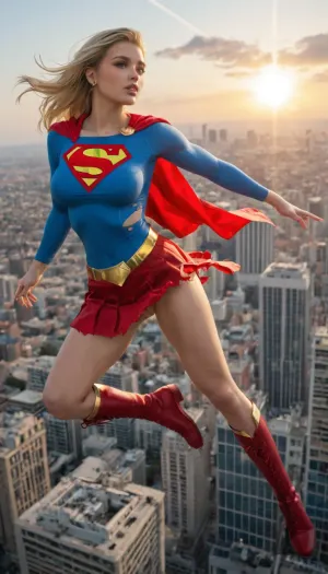 Supergirl, young adult and powerful superheroine, athletic yet feminine build, large bimbo breasts, shaved pussy, long blonde hair, piercing blue eyes, confident and determined expression. Wearing iconic Supergirl costume, blue fitted top with bold red and yellow 'S' emblem, red skirt, red cape billowing in the wind, red boots, golden belt, (torn and ripped suit:1.3), . Dynamic heroic pose, flying above a city skyline, bright sky and sunlight, cinematic, highly detailed, comic book style realism, epic atmosphere.