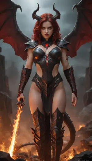 Powerful female archdevil, darkly seductive and terrifying, tall and commanding presence. Crimson glowing eyes, flawless obsidian skin with a faint infernal glow, long deep crimson hair. Wearing ornate black and crimson infernal armor with gold accents, adorned with demonic runes. Large bat-like wings spread wide, horns curving elegantly from her head, long spiked tail. Wielding a fiery hellforged weapon, standing amidst a burning hellscape of fire, brimstone, and jagged obsidian spires. Dark fantasy, highly detailed, cinematic, ominous and menacing atmosphere.