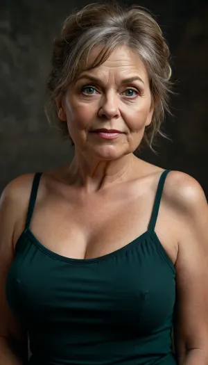 chestnut hair, ponytail, Obese, (gilf), wrinkles, portrait photo a mature chubby gilf, fat round face, double chin, 60 years old Woman, big eyes, green eyes, layered haircut, chubby jawline, pokies, seductive smile, lips parted, (mouth open:1.3), teeth showing, big lips, looking at viewer, (solid blank dark background:1.3), eye level shoot, film grain, style by Flora Borsi, OverallDetail, white sleeveless spaghetti strap minidress, fupa, wide, hips, saggy, sagging, droopy, cleavage, eye contact, cellulite, <lora:MJ52:.8>