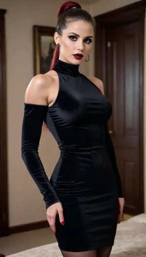 sexy and beautiful executive girl woman, tight black PU dress, perfect lips, dark gothic make up, dark gothic eyes shadows, long dark gothic eye liner, velvet matte liquid carmine lips, ponytail, SEXY FACE, full body view, <lora:uberfit_lora_sdxl:.5>, <lora:bombshell_v2:.5>