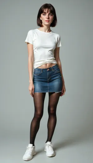 (ultra realistic, ultra detailed, best quality, fullbody photo), (mature woman, 35 years old, dark hair, medium-length bob with bangs, Anna, thin face, triangular face, narrow face, narrow long nose, feint small amount of freckles across nose, thin lips, dark eyes, caucasian, no makeup, low height, light weight, skinny body, (skinny:1.3), natural flat sagging tits, wide thigh gap, skinny flat ass, skinny hips, slightly tanned skin, no tattoos, she is an accountant, her hobby is photography), (she is wearing skinny short length denim skirt, nylon tights, long loose white T-shirt with no lettering, white sneakers)