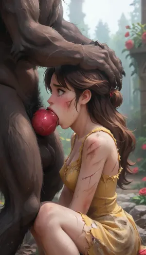 ((Rose garden:1.4), dirty, hairy werewolf, (erect huge cock, knot, claws, fur), (abundant salivation:1.4), (Giant Werewolf:1.2), hands on the head of the other), On his knees, sucking cock, blowjob, deepthroat, crying, painful expressions, high quality, high definition, absurdity, side view, Disney princess Belle, "Beauty and the Beast", 1girl, female character with brown hair in an updo, fair skin, hazel eyes, In a yellow ball gown, yellow gloves, Princess Belle, (torn dress:1.4), perky breasts, b-cup breasts, (erect nipples:1), scared, trained body, wounds, scratches, abrasions, bruises, (cartoon:1.2), (ultra, HD, quality, details), Ferocious EdobWerewolf, <lora:NEOTOKIOXL_0.2_RC:1.8>, <lora:outline_xl_kohaku_delta_spv5x:1.1>, <lora:Animated_Concept:1>, <lora:EdobWerewolf_XL_v1.0:.8>