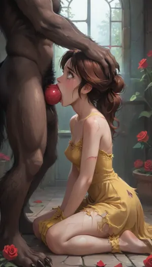((Rose garden:1.4), (hairy werewolf:1.4), (erect huge cock, knot, claws, fur), (abundant salivation:1.4), (Giant Werewolf:1.2), hands on the head of the other), On his knees, sucking cock, blowjob, deepthroat, knot in mouth, crying, painful expressions, high quality, high definition, absurdity, side view, Disney princess Belle, "Beauty and the Beast", 1girl, female character with brown hair in an updo, fair skin, hazel eyes, In a yellow ball gown, yellow gloves, Princess Belle, (torn dress:1.4), perky breasts, b-cup breasts, (erect nipples:1), scared, trained body, wounds, scratches, abrasions, bruises, (cartoon:1.2), (ultra, HD, quality, details), Ferocious EdobWerewolf, <lora:NEOTOKIOXL_0.2_RC:1.8>, <lora:outline_xl_kohaku_delta_spv5x:1.1>, <lora:Animated_Concept:1>, <lora:EdobWerewolf_XL_v1.0:.8>