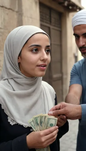 (Young Arab girl takes money on the street), (takes money from a very old guy), (sucks his dick), (holds money in her hands), (in hijab), ((very old Arab man)), ((girl sucks dick))