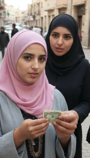 (girl sucks dick), (Young Arab girl sucks dick takes money on the street), (takes money from a very old guy), (sucks his dick), (holds money in her hands), (in hijab), ((very old Arab man)), ((girl sucks dick))